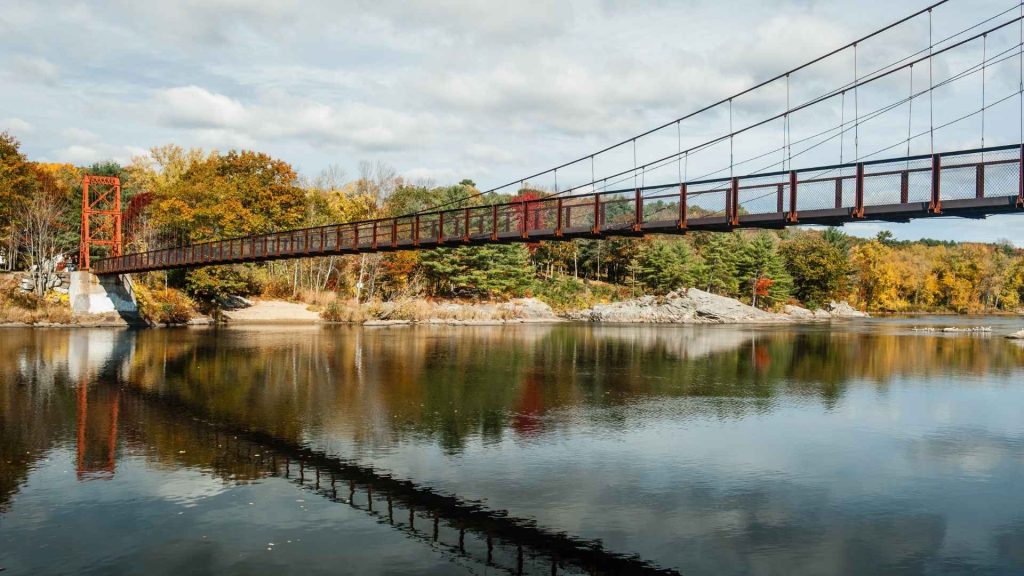 Swinging pedestrian bridge over the Androscoggin River in Brunswick Maine