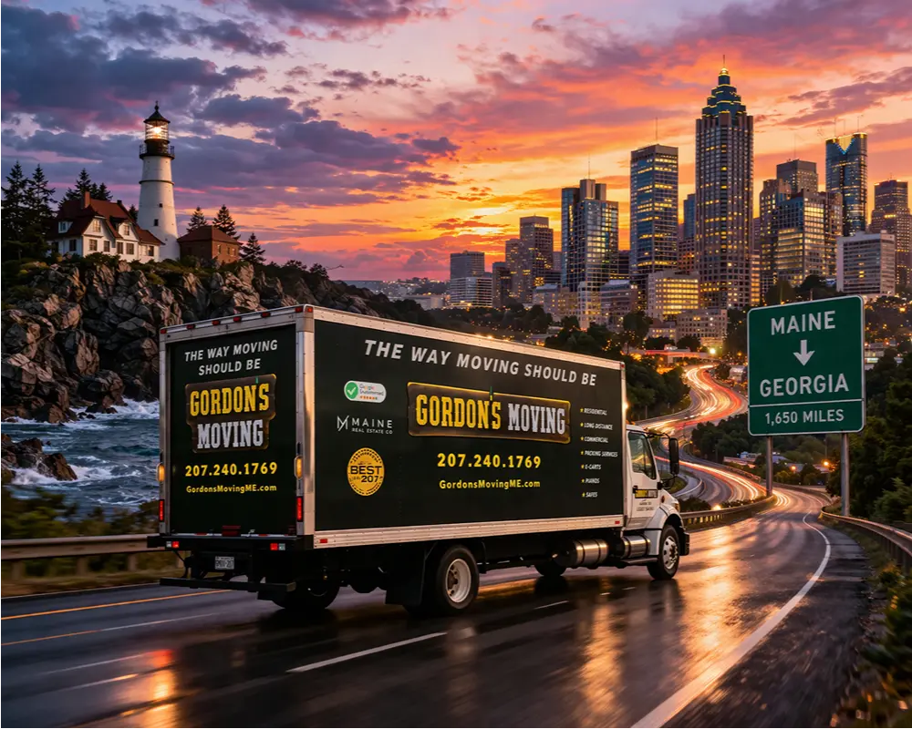 Moving truck on scenic city road