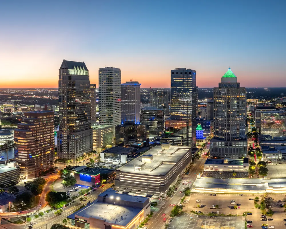 City skyline at sunset with lights