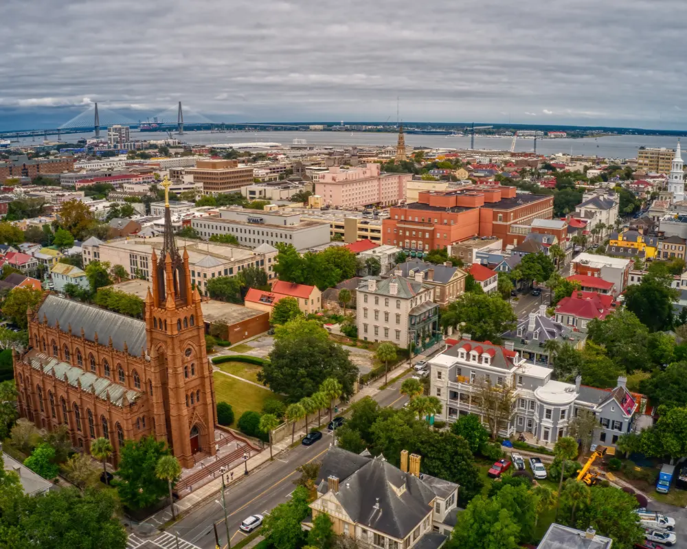 Aerial view of a coastal city.